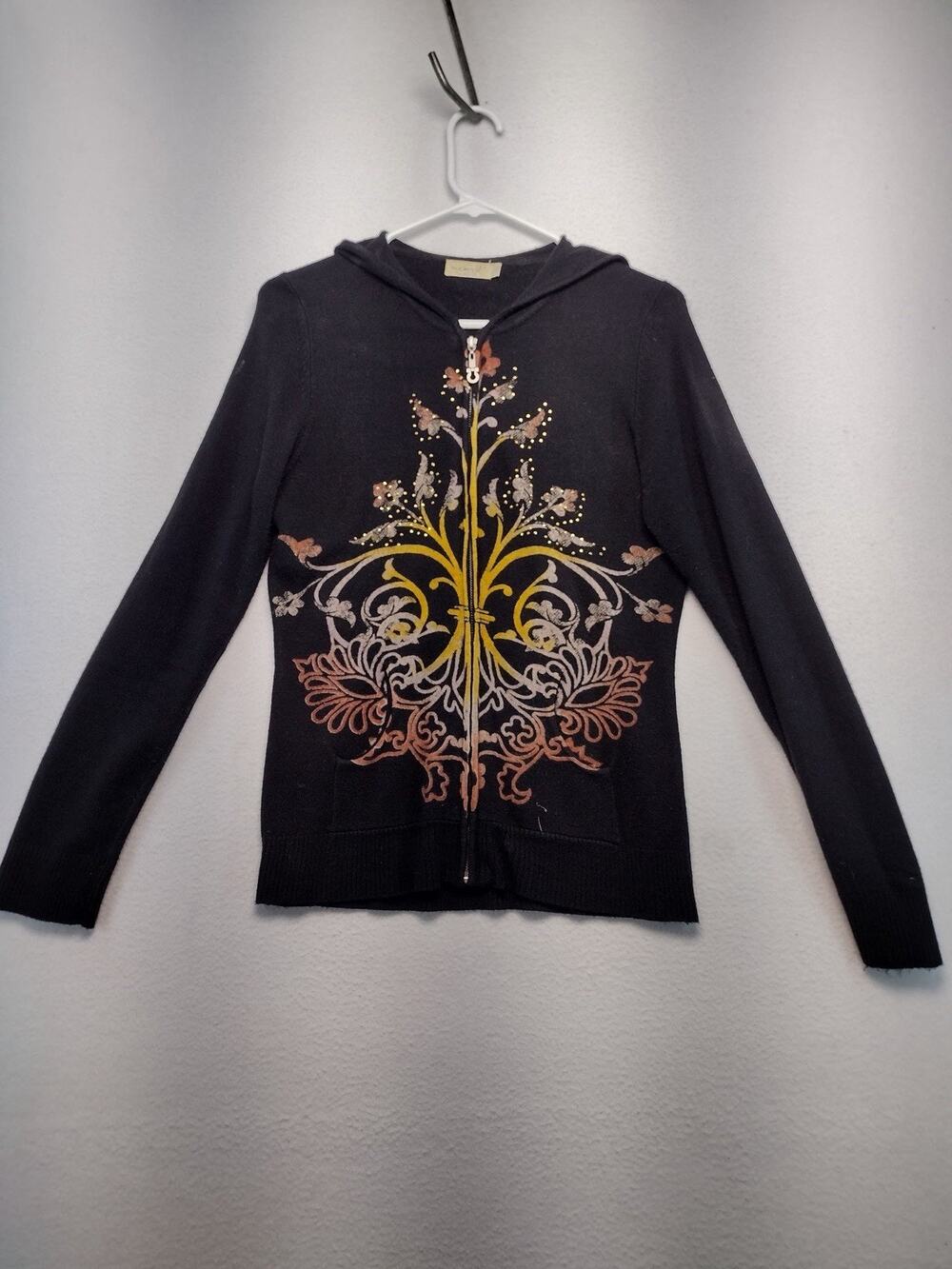 One World Live & Let Live Hoodie Abstract Black Floral Y2K Small Full Zip Street